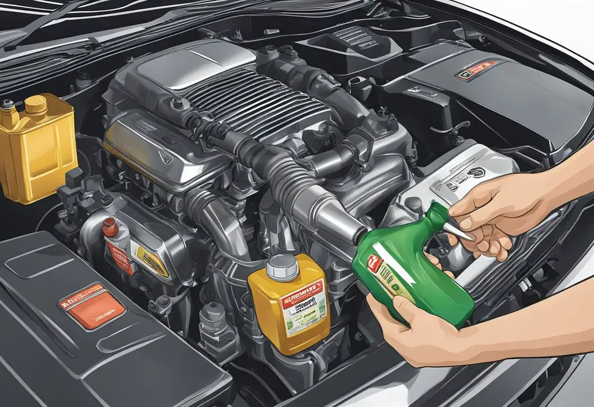 A hand pouring oil into a Honda Accord engine, with a bottle of recommended oil type nearby