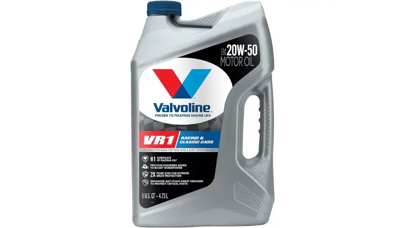 Example of the high performance motor oil, VR1 from Valvoline a 20w50 weight oil. 
