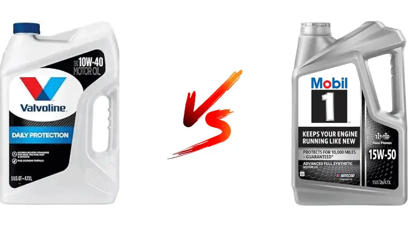 Mobil 1 15w50 and Rotella Valvoline conventional 10w40 motor oil next to each other with a "versus" sign in the middle