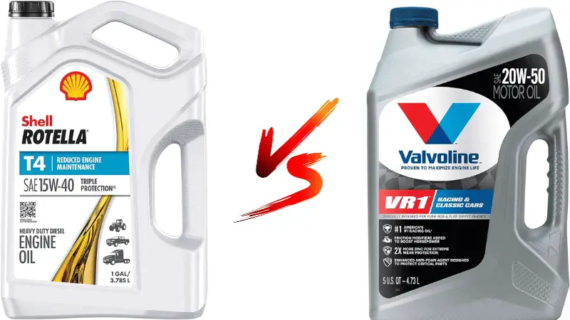 Rotella 15w40 and Valvoline 20w50 motor oil with a "versus" sign in the middle to further the topic of the 15w40 vs 20w50 comparison