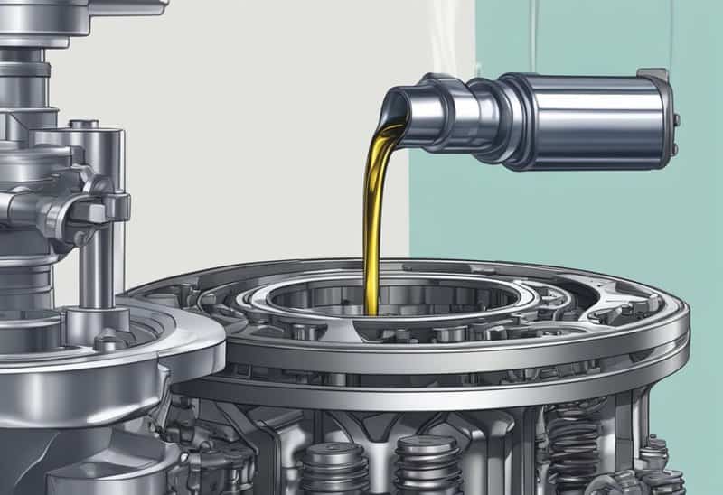 Gears and oil can be shown in a gearbox. Oil is being poured into the gearbox to demonstrate the process of mixing gearbox oil