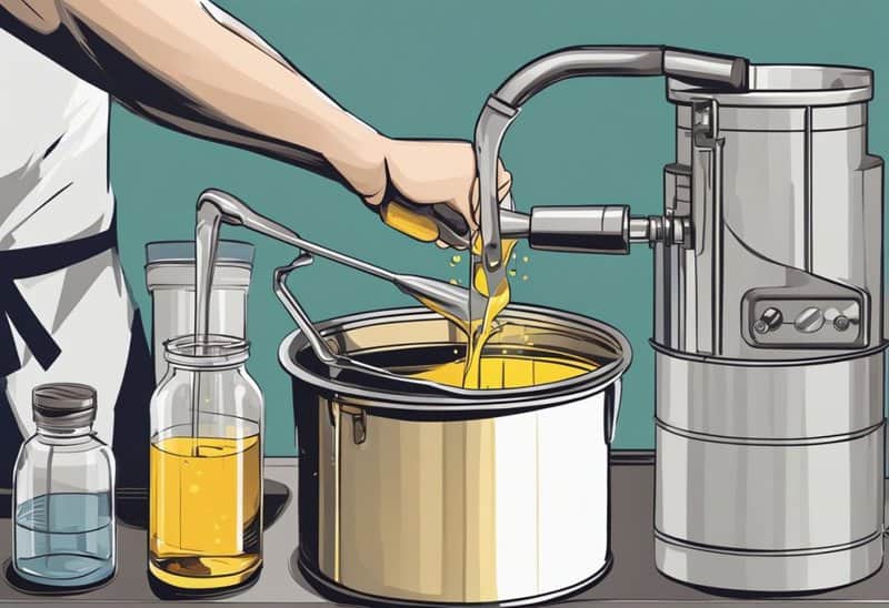 A hand pours gearbox oil into a mixing container, stirring it with a long-handled spoon until fully blended