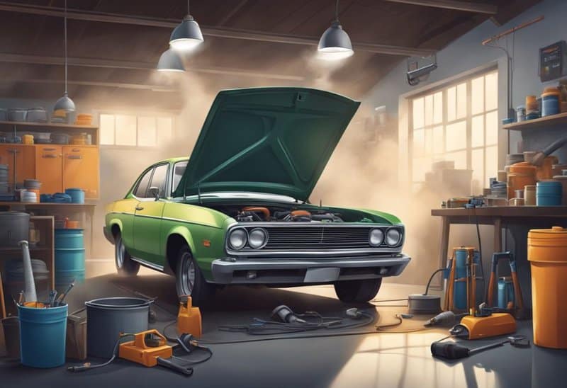 A car sits in a garage, smoke billowing from the engine after an oil change. A mechanic inspects the vehicle, tools scattered nearby