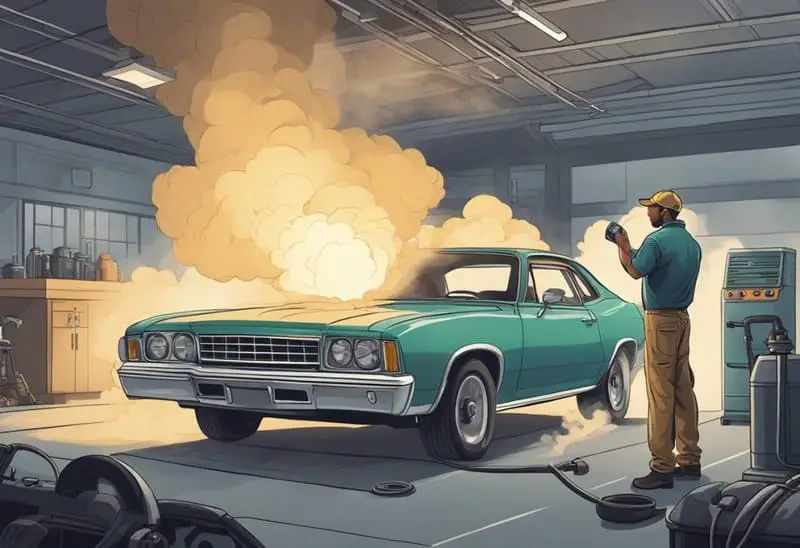 A mechanic inspects a car with smoke billowing from the engine after an oil change. He troubleshoots and resolves the issue