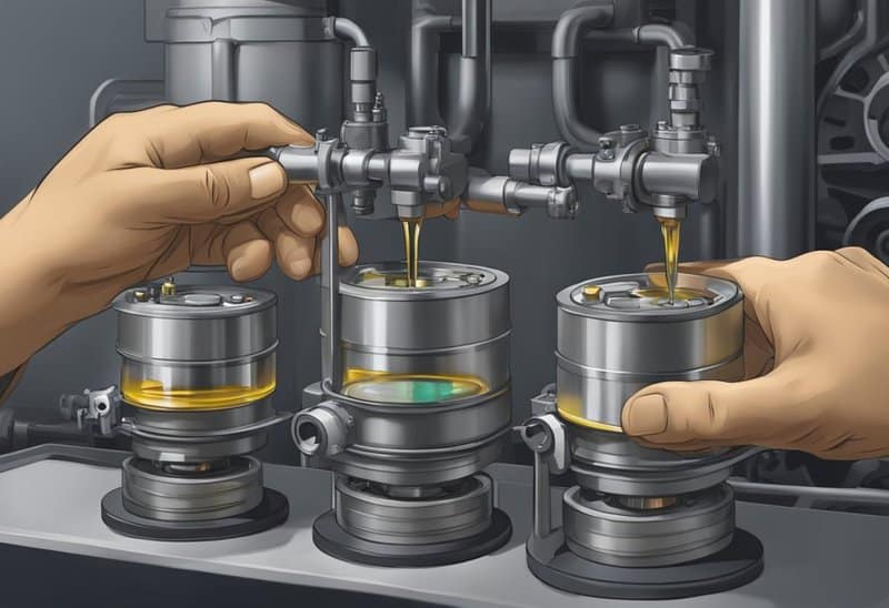 A hand pouring oil into a gearbox while another hand monitors the oil level with a gauge