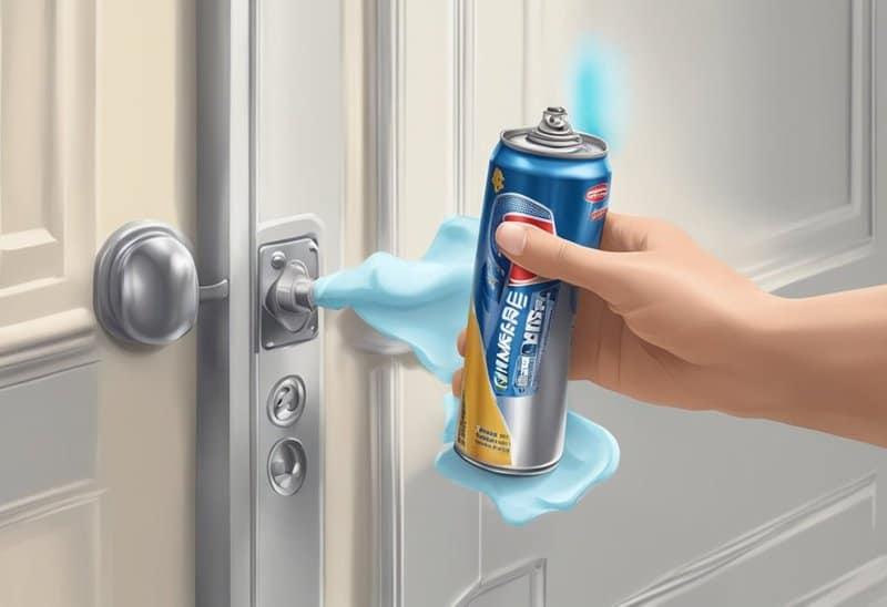 A hand holding a can of silicone spray, spraying it onto a squeaky door hinge