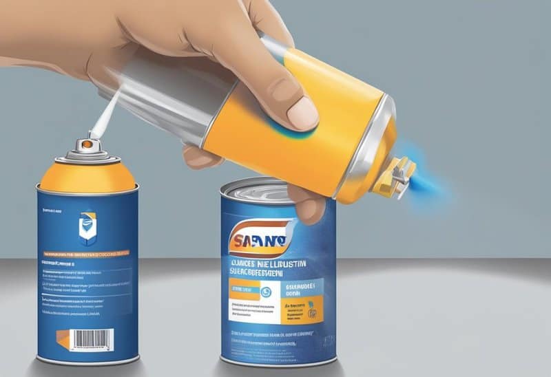 A hand holding a can of silicone spray, with a surface being sprayed in the background. The can is labeled "Silicone Spray" and there are arrows pointing to various uses such as lubrication, waterproofing, and rust prevention