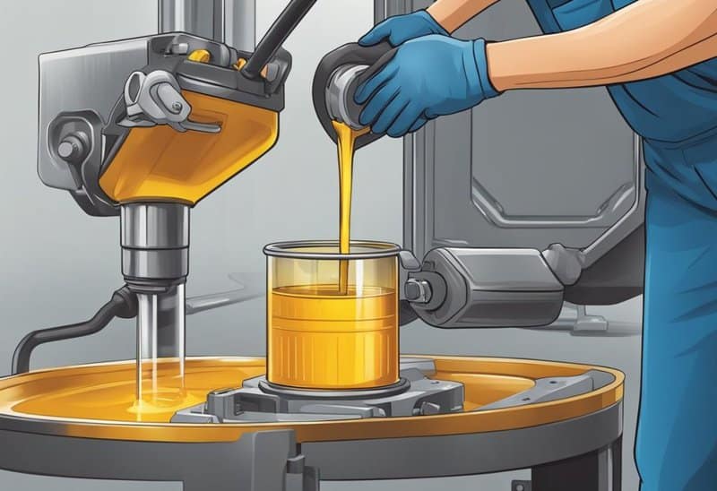 A mechanic pours gearbox oil into a mixing container, carefully measuring and stirring to ensure proper lubrication