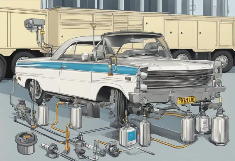A car with a visible power steering pump and hydraulic lines, with labeled containers of power steering fluid and hydraulic fluid nearby