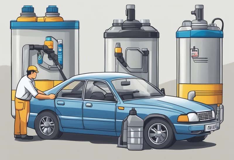 A car with two separate containers labeled "Power Steering Fluid" and "Hydraulic Fluid" next to each other. A mechanic pouring each fluid into their respective compartments